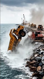 Dangerous Cliffside Dumping Heavy Dump Truck Balancing on the Edge During Sea Defense Construction