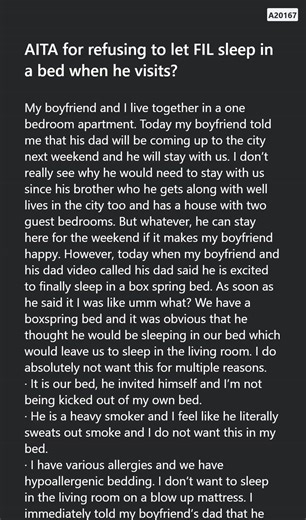7K views | AITA for refusing to let FIL  sleep in a  bed when he visits? | Story Gems of Reddit | Facebook