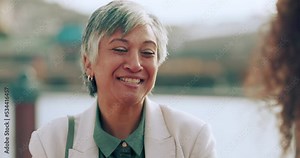 Client meeting, happy communication and woman talking to an employee about a corporate partnership in the city in Canada. Mature manager networking with a professional person for business in town