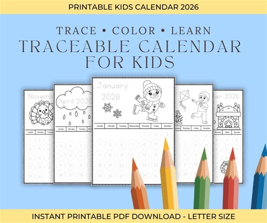 2026 Traceable Kids Calendar Printable | Preschool & Kindergarten Handwriting | Monthly Coloring Pages - Etsy