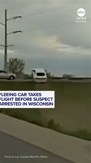 Footage released by authorities in Wisconsin shows a suspect's car go flying over another vehicle as they attempted to flee.The suspect, who is being held on multiple charges, was eventually arrested after a short foot chase, officials said. https://t.co/k49wKvl3pK