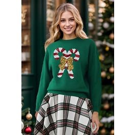 Sequin Bowknot Candy Cane Knit Sweater in Green