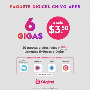 ¡Disfrutá de una super experiencia digital con más apps y más gigas! 😎 Comprá tu Paquete Digicel Chivo Apps en MyDigicel app. Utilizá 6 Gigas como querás y todas las apps que necesitas sin consumir tus datos, todo por 7 días, a solo $3.50 | Digicel