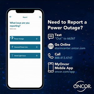 Oncor teams are deploying & responding to outages as soon as its safe across our impacted communities. As tonight's severe weather continues to move across our service area, stay weather-aware and keep #safetyfirst. Remember the 4 ways to contact Oncor:  Text OUT to 66267  Call 888.313.4747  Visit stormcenter.oncor.com  Download the MyOncor app | Oncor | Facebook