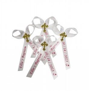 Amy's Bubbling Boutique 25 Personalized Baptism Christening Ribbons Party Favors or Baby Shower Sprinkle Bautizo Birthday Assembled Bows Custom Ribbon anos quinceaneras listones