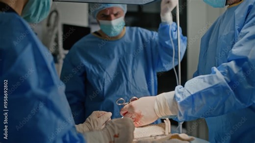 Tilt shot of male anesthetist checking patient and adjusting drip while two surgeons performing operation