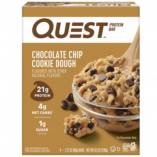 Quest Protein Bar, Chocolate Chip Cookie Dough Flavored, 21g Protein, Gluten Free, 4 Count