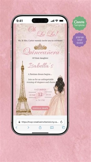 Paris Theme Quinceañera Invitation Canva, Blush Pink Sweet 15 & 16 E-Invite, Animated, Music RSVP