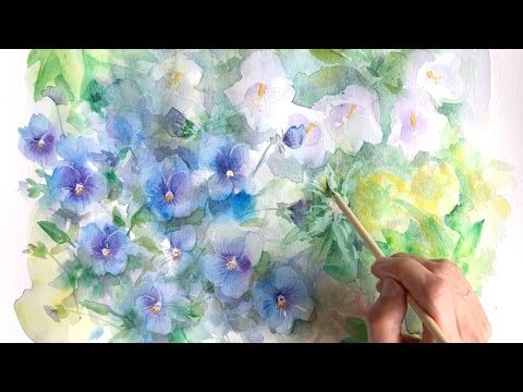 [水彩画] カンパニュラとビオラの花を透明水彩で描く/watercolor