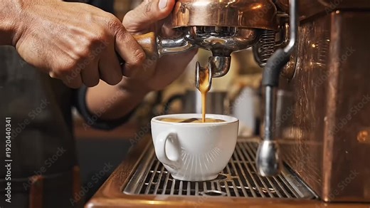 Barista expertly crafts fresh espresso shot into a white cup using a vintage copper coffee machine