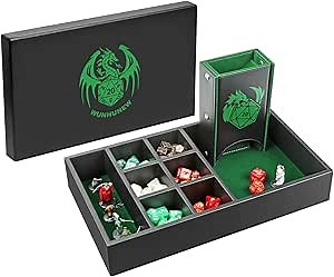 DND Dice Tray & Tower Storage Box, 4 in 1 D&D Dice Holder Case (Dice Rolling Tray, Dice Roller Tower, Dice & Miniature Storage), Great RPG Accessories Gifts for Dungeons and Dragons MTG DM & Player