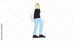 Backache woman line cartoon animation. Caucasian female with lower back pain 4K video motion graphic. Girl touching hurt spine. Injured person 2D linear animated character isolated on white background Stock Video