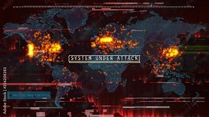 Global map showing centers of hacking attack, computer virus infection, breach. Generic hacking attack all around the globe
