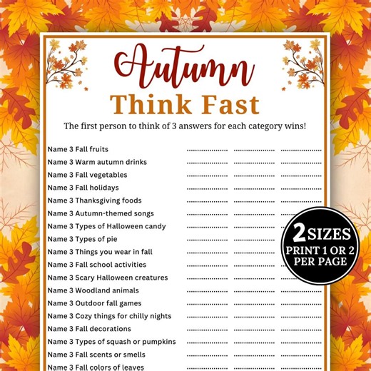 Fall Think Fast Game, Fall Trivia Game, Autumn Games, Icebreaker Game, Think Quick Game, Party Games for Kids and Adults, Family Quiz Game - Etsy
