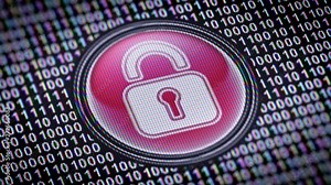 Lock icon. Binary code ( array of bits ) in the screen. Looping footage with Prores4444.