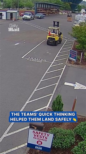 Lumber yard workers help guide hot air balloon to safe landing