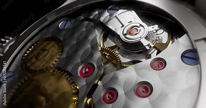 Working Automatic Watch Internal Movement. Balance Wheel And Spring. Close Up Macro Shot. Luxury Watch Related 3D Animation.