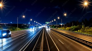 Night Highway with Traffic and Street Lights, road, cars, driving, illuminated, asphalt