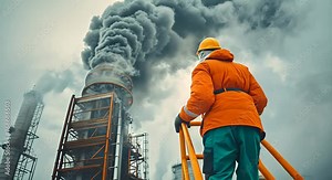 air quality monitoring analysts climbing a stationary stack to measure the stack emissions while stack emits black smoke