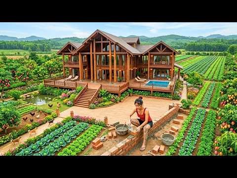 A Woman Single Handedly Builds a Brick Wall for a Massive Wooden House