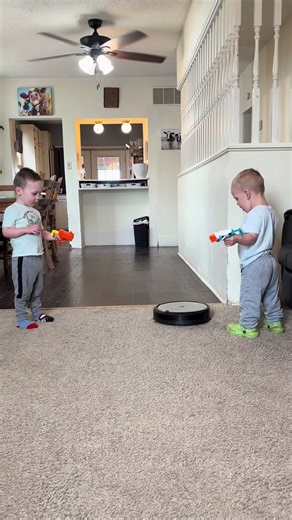The boys LOVE their Nerf guns, but we have a rule in our house — no shooting each other. So they’re always trying to find new things to aim at. Today I had the perfect idea… the robot! 🤖 Turns out the robot makes a pretty great target and the boys thought it was the best thing ever. Lots of giggles, lots of Nerf darts flying, and a mama win for finding a safe target! 😆 Sometimes the simplest ideas make the most fun. #toddlers #nerfwar #vacuumcleaner