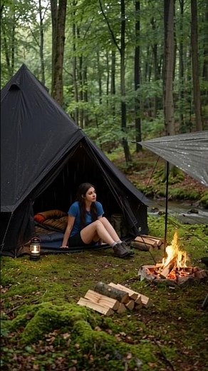Solo girl Built a Warm Bushcraft Camp 🌧️🔥 | Endless Rain Camping ASMR #shorts#newtrend #nature