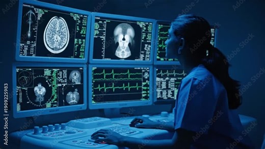 Female Medical Specialist Monitoring Multiple Screens Displaying Brain MRI Scans and Heart Rate Data in High-Tech Radiology Lab