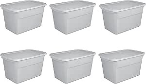 Sterilite 30 Gal Storage Tote, Stackable Bin with Lid, Plastic Container to Organize Clothes, Blankets in Closet, Basement, Gray Base and Lid, 6-Pack