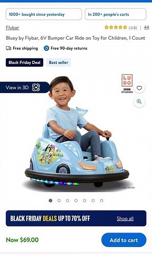 $69 Bluey by Flybar, 6V Bumper Car Ride on Toy for Children, 1 Count