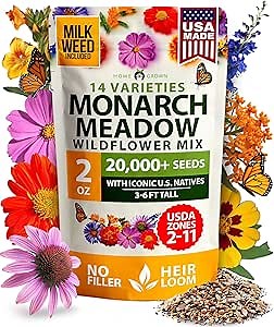 HOME GROWN Premium Monarch Butterfly Wildflower Seeds Mix (2oz) - 20000+ Non-GMO Milkweed Seeds for Monarch Butterflies - Perennial Wildflowers - Bulk Flower Seeds for Pollinator Gardens
