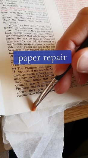 Repairing the tears I noticed in the text block for the rebidning of this Bible. #bookbinding #bookbindersoftiktok #bookbinder #slowmadebooks #rebinding #rebindingbooks #theholybible #biblerestoration #biblerebinding #bookblock #textblock #paperrepair