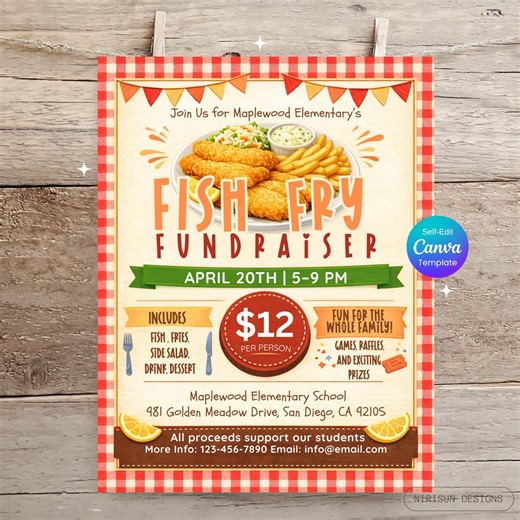 Fish Fry Fundraiser Flyer Template, School Event Flyer, Editable Canva Template, PTO PTA Church Fundraiser Poster, 8.5x11 Printable