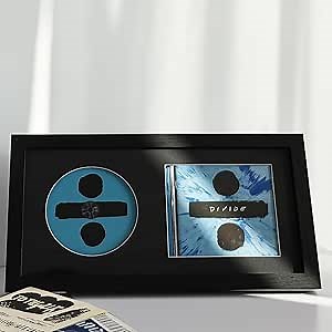 CD Display Frame with Real Glass, Signed Music Disc Wooden Case for Tabletop&Wall mount,Autograph Album Picture Frame Table Stand and Wall Shelf Décor(Black frame&Black mat)