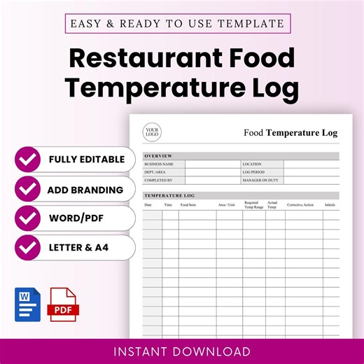 Restaurant Food Temperature Log Template – Word & PDF, A4 + US Letter - Etsy