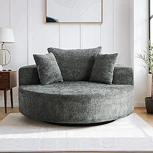 JEEOHEY 55" W Oversized Round Swivel Accent Barrel Chair,360 Degree Chenille Upholstered Comfy Chaise Lounge Chair Indoor,Modern Deep Seat Single Sofa Armchair for Living Room,Bedroom,Office(Green)