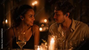 A romantic dinner scene illuminated by soft candlelight, capturing the intimate connection between two people sharing laughter and joy. The mood is warm and inviting, perfect for a special occasion.