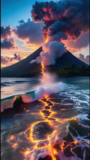 Eruption Meets the Ocean 🌋🔥 – Epic Volcano & Lava Flow into the Sea | Relaxing Nature Sounds #asmr