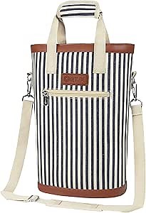 opux 2 Bottle Wine Bag Carrier Insulated Leakproof Wine Cooler Navy Stripes