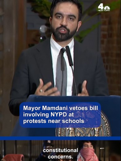 Mayor Zohran Mamdani vetoed a City Council bill requiring the NYPD to publish their plans to provide security perimeters during protests around schools/education institutions. A related bill, which applies to houses of worship, passed with a veto-proof majority, which Mamdani said today he'd let