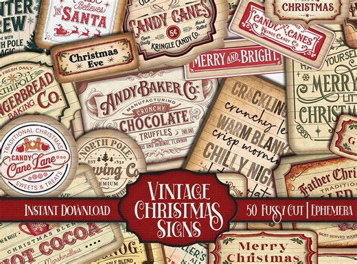 Vintage Christmas Ephemera: Printable Festive Snippets & Stickers, Letter - A4 - PDF - Digital Download - Etsy