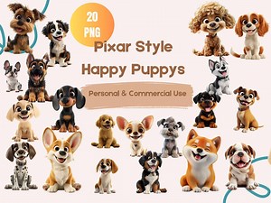Pixar Style Hund Clipart: Glücklicher Welpe PNG Bündel (3200x3200 px) - Etsy.de