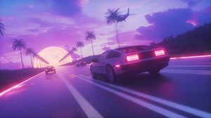 Cars Riding At Sunset Time Synthwave Background Loop