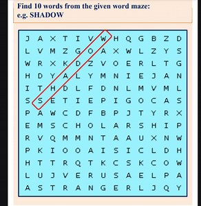 Find 10 words from the given word maze:Example: SHADOWWord ... | Filo