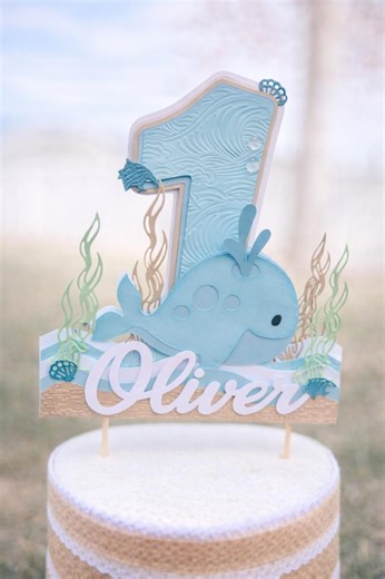 Ocean First Birthday Cake Topper With Whale, Personalized Name, Boy 1st Birthday Decor, Nautical Sea Party Cake Decoration - Etsy