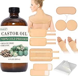 13 Pcs Castor Oil Pack Wrap, Organic Cold Pressed Unrefined Glass Bottle for Liver Detox, Stomach, Neck, Knee, Foot & Entire Body, Organic Cotton Reusable Pads Kit for Hot/Cold Compress