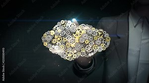 Businessman touched screen, Gears making cloud computer server shape. artificial intelligence, computer technology, humanoid science. 4k animation.