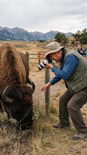Tourist gets way too close to wild bison. 🦬 #animal