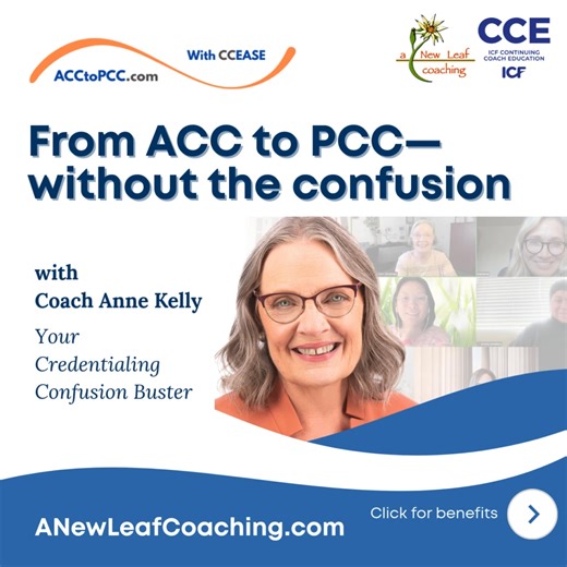 Are you wondering if you’re really ready for #PCC? The transition from #ACC to #PCC can feel heavy—unless you have clarity, guidance, and support. With A New Leaf Coaching & Consulting, Coach Anne Kelly, coaches benefit from: ✔ a clear understanding of #PCC-level coaching ✔ confidence in how they show up with clients ✔ an intentional, grounded credentialing path ✔ a process that feels aligned and doable 📌 Cohorts are filling fast—now is the time to connect. 💬 Chat with Anne → http://meetme.so/
