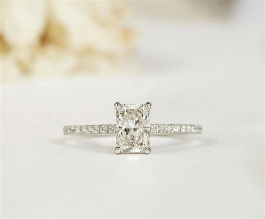 14k Solid White Gold Wedding Ring • 2.46 TC Elongated Radiant Cut Moissanite Solitaire • Half Eternity Paves Band • Wedding Gift • in Trends - Etsy