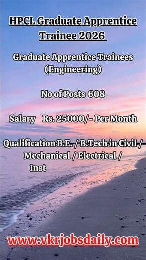 HPCL Graduate Apprentice 2026 | 608 Posts | ₹25,000 Salary | B.E/B.Tech Jobs 2026